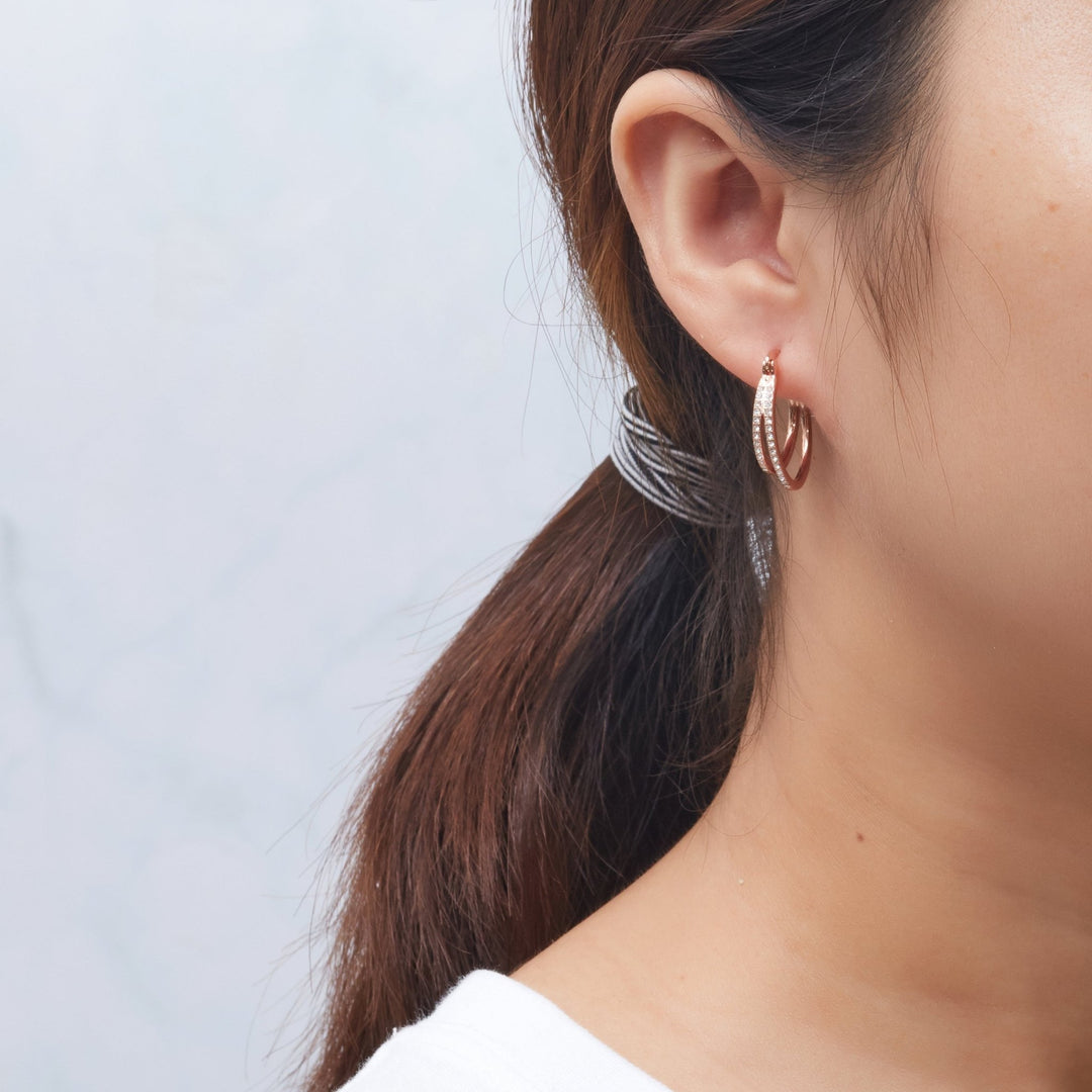 Rose Gold Plated Double Hoop Earrings Created with Zircondia® Crystals - Philip Jones Jewellery