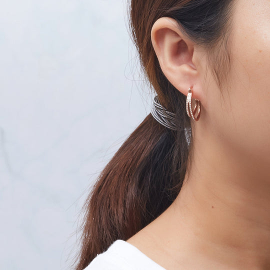 Rose Gold Plated Double Hoop Earrings Created with Zircondia® Crystals - Philip Jones Jewellery
