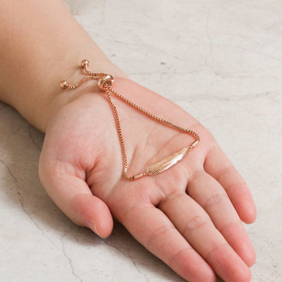 Rose Gold Plated Feather Friendship Bracelet Created with Zircondia® Crystals - Philip Jones Jewellery