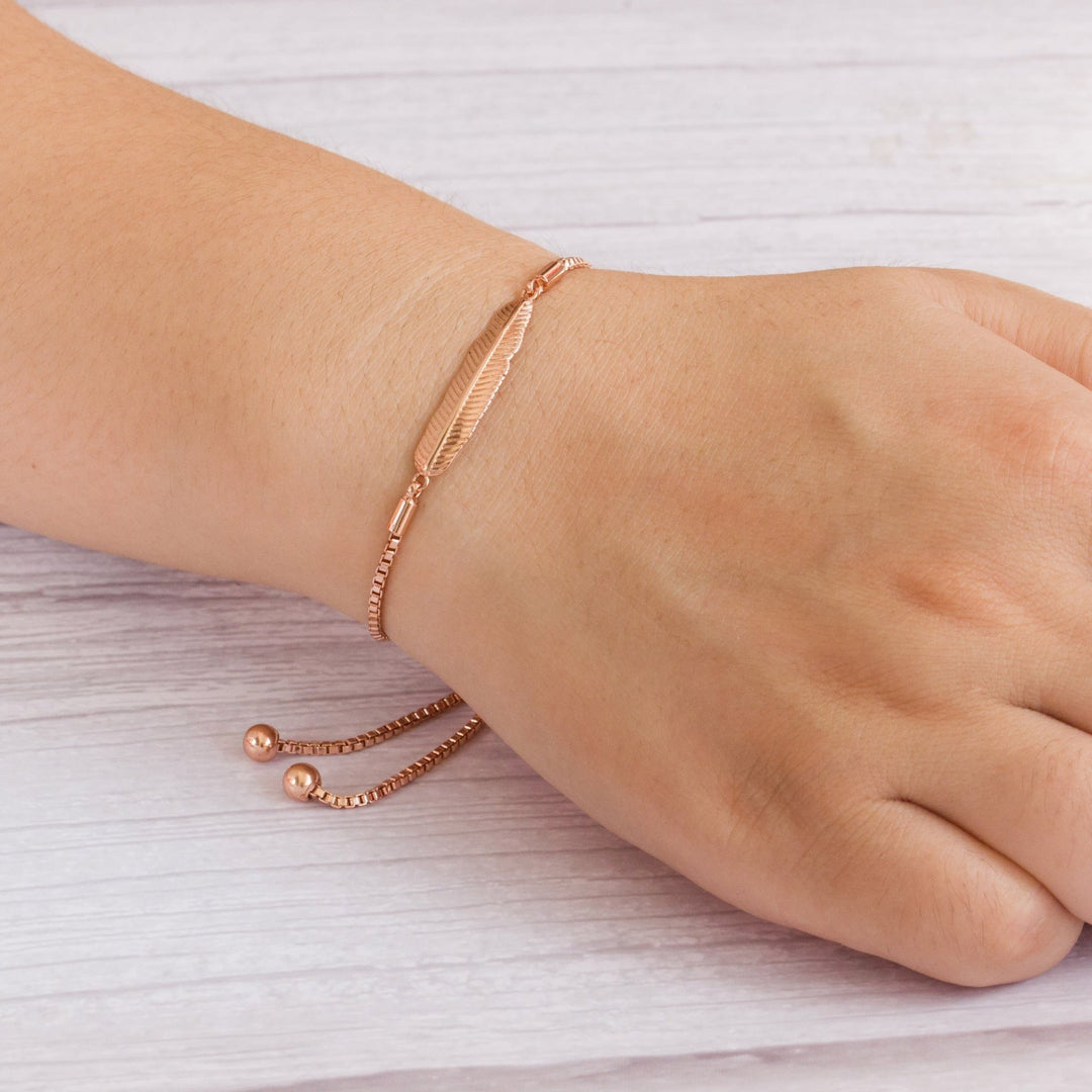 Rose Gold Plated Feather Friendship Bracelet Created with Zircondia® Crystals - Philip Jones Jewellery