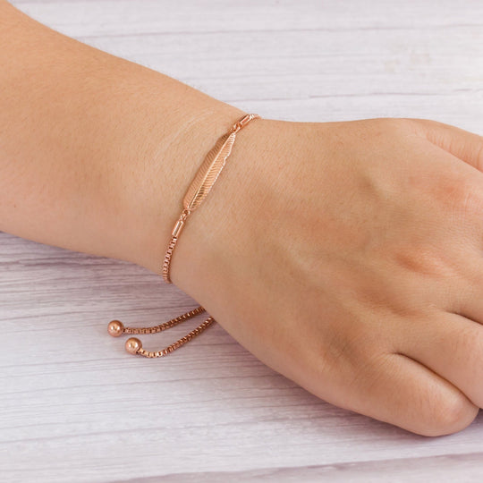 Rose Gold Plated Feather Friendship Bracelet Created with Zircondia® Crystals - Philip Jones Jewellery