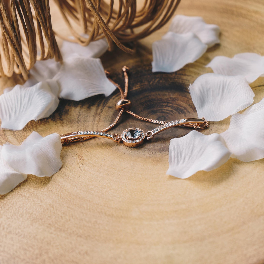Rose Gold Plated Halo Friendship Bracelet Created with Zircondia® Crystals - Philip Jones Jewellery