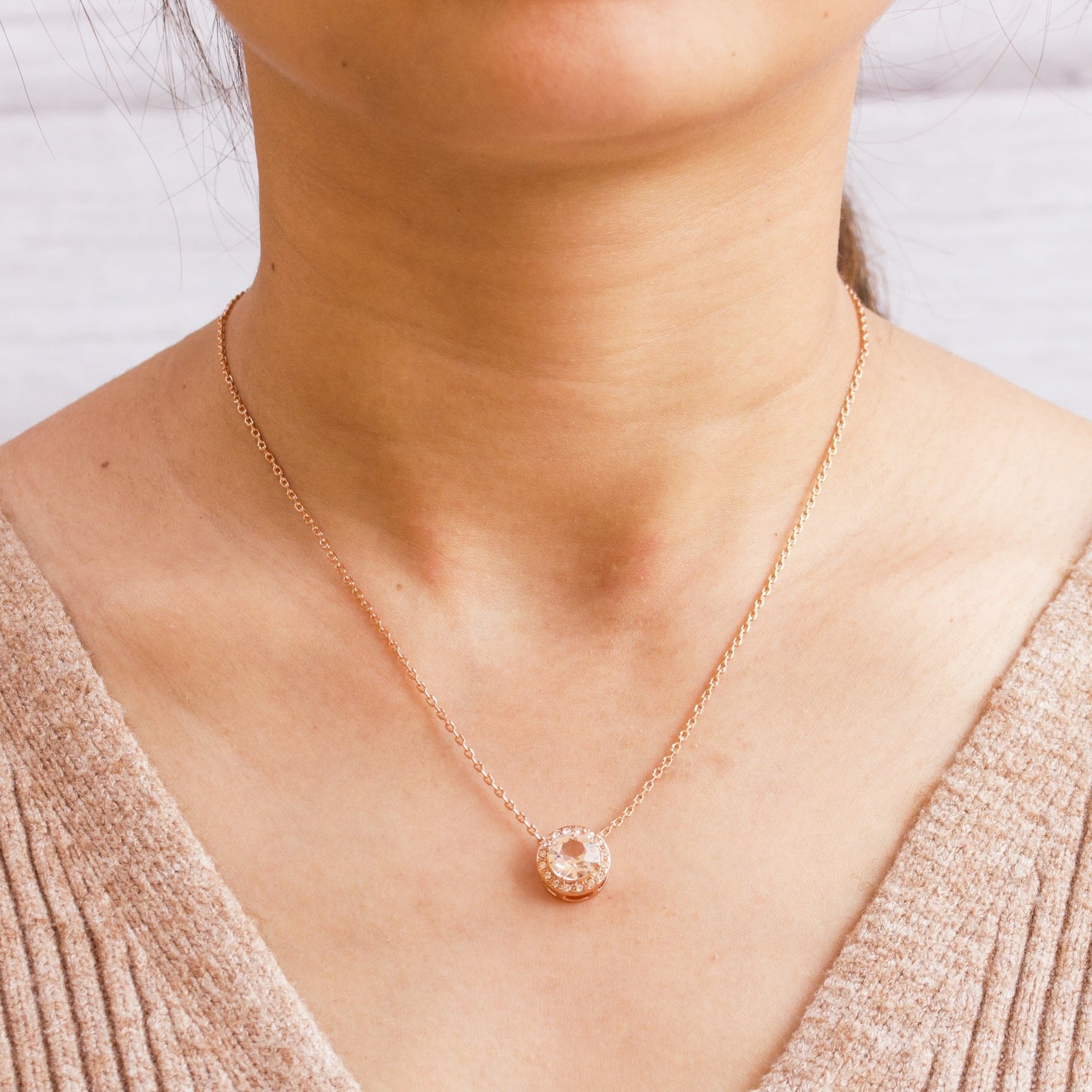 Rose Gold Plated Halo Necklace Created with Zircondia® Crystals - Philip Jones Jewellery