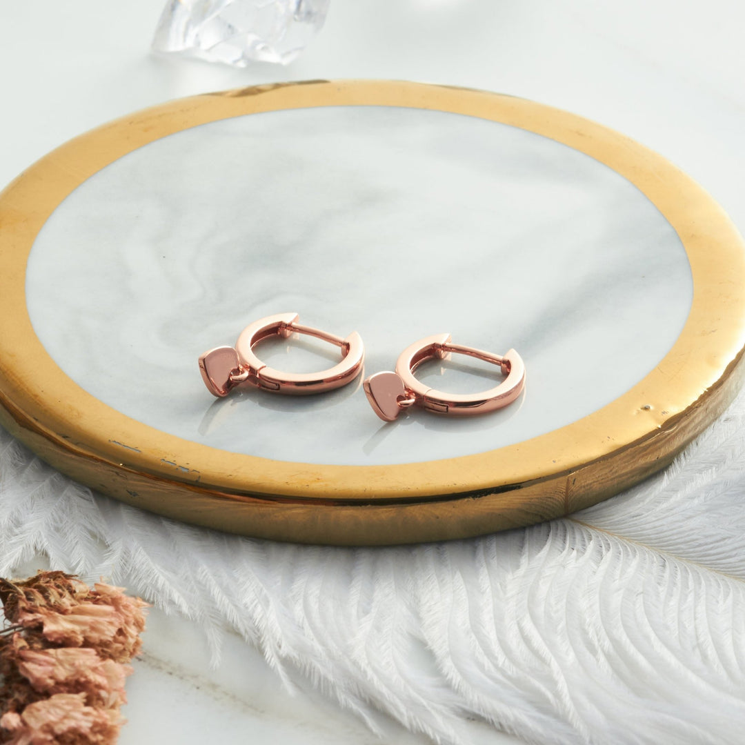 Rose Gold Plated Heart Charm Hoop Earrings - Philip Jones Jewellery