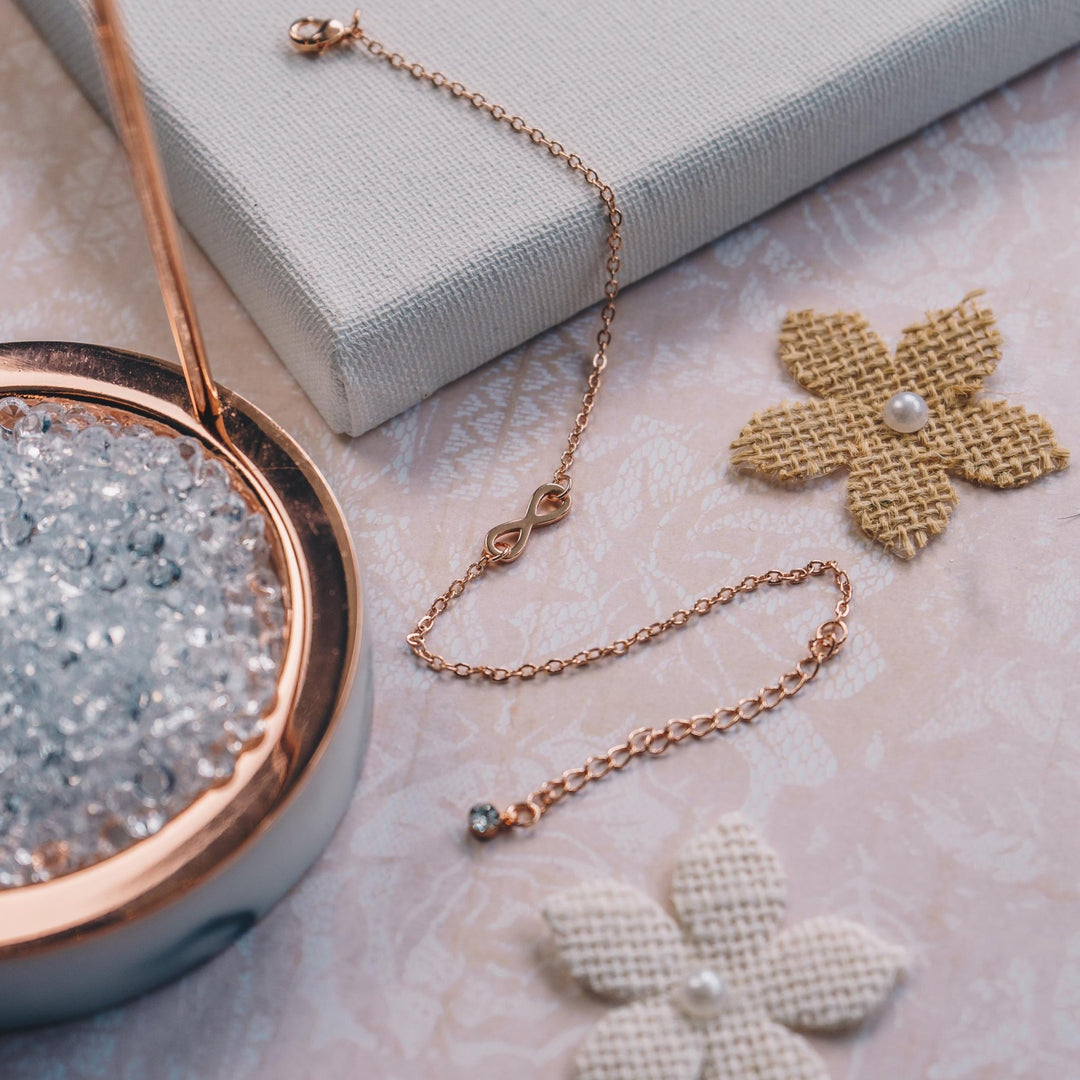 Rose Gold Plated Infinity Anklet Created with Zircondia® Crystals - Philip Jones Jewellery