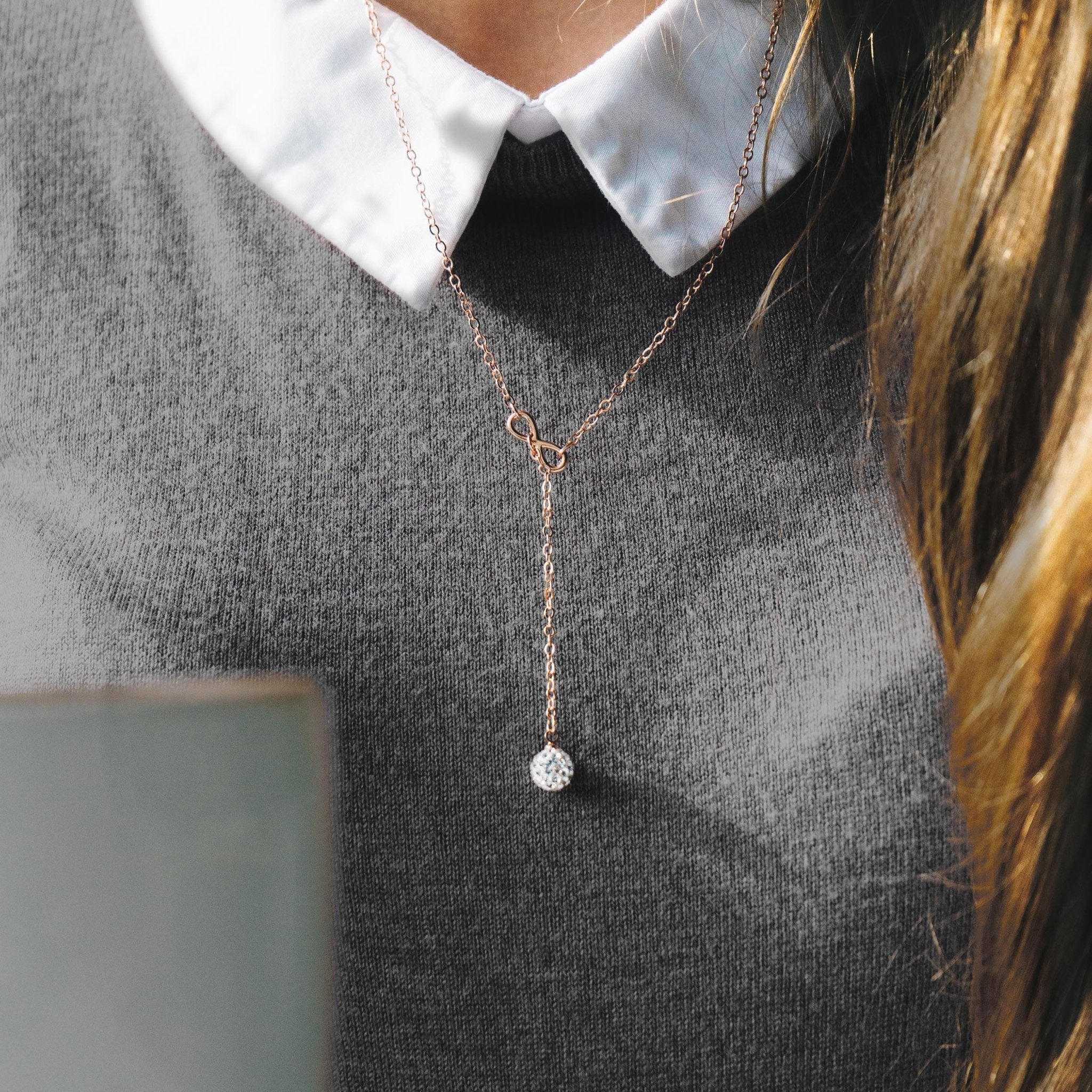 Rose Gold Plated Infinity Lariat Necklace Created with Zircondia® Crystals - Philip Jones Jewellery