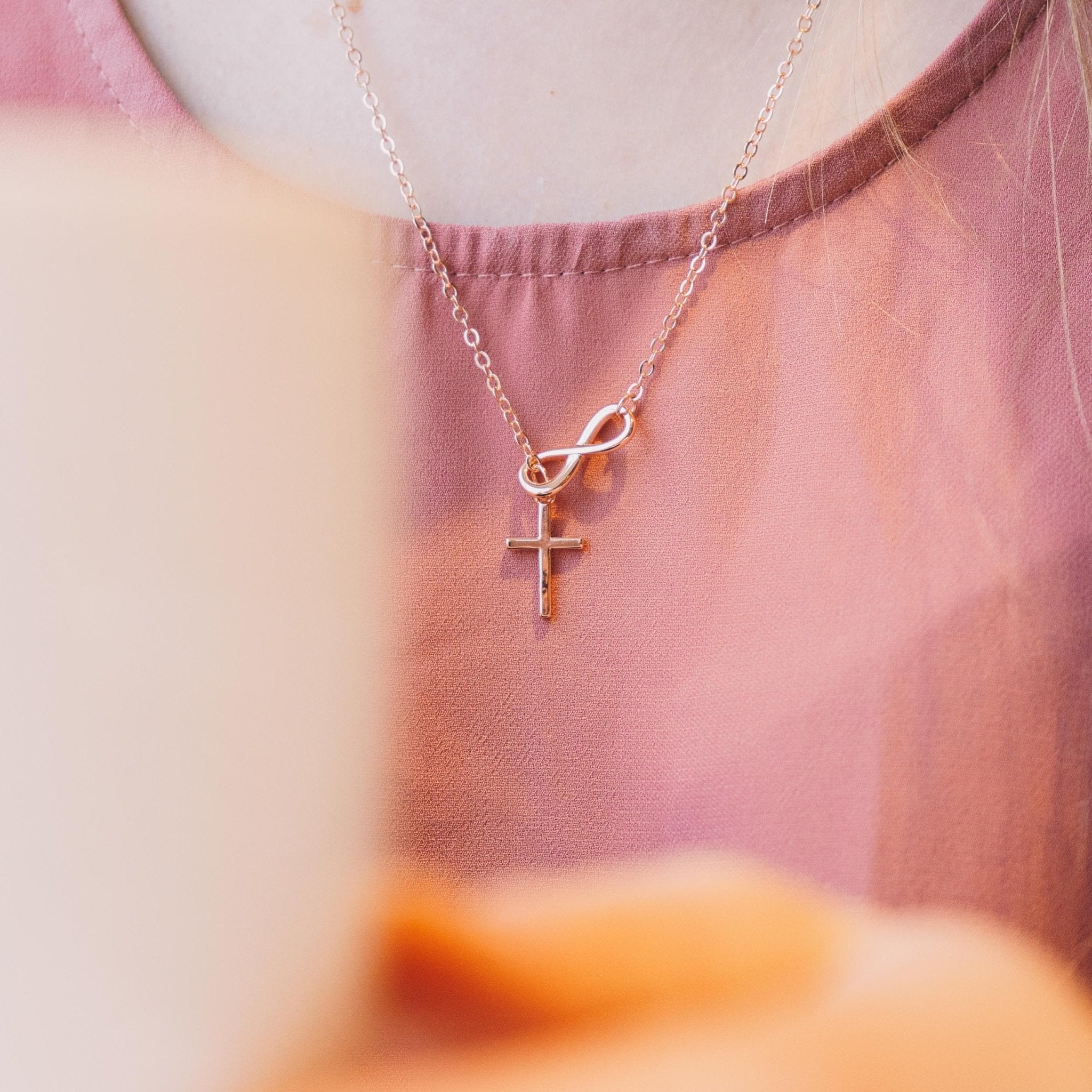 Rose Gold Plated Infinity with Cross Lariat Necklace - Philip Jones Jewellery