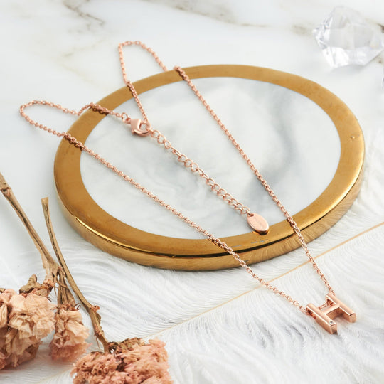 Rose Gold Plated Initial Necklace Letter H Created with Zircondia® Crystals - Philip Jones Jewellery
