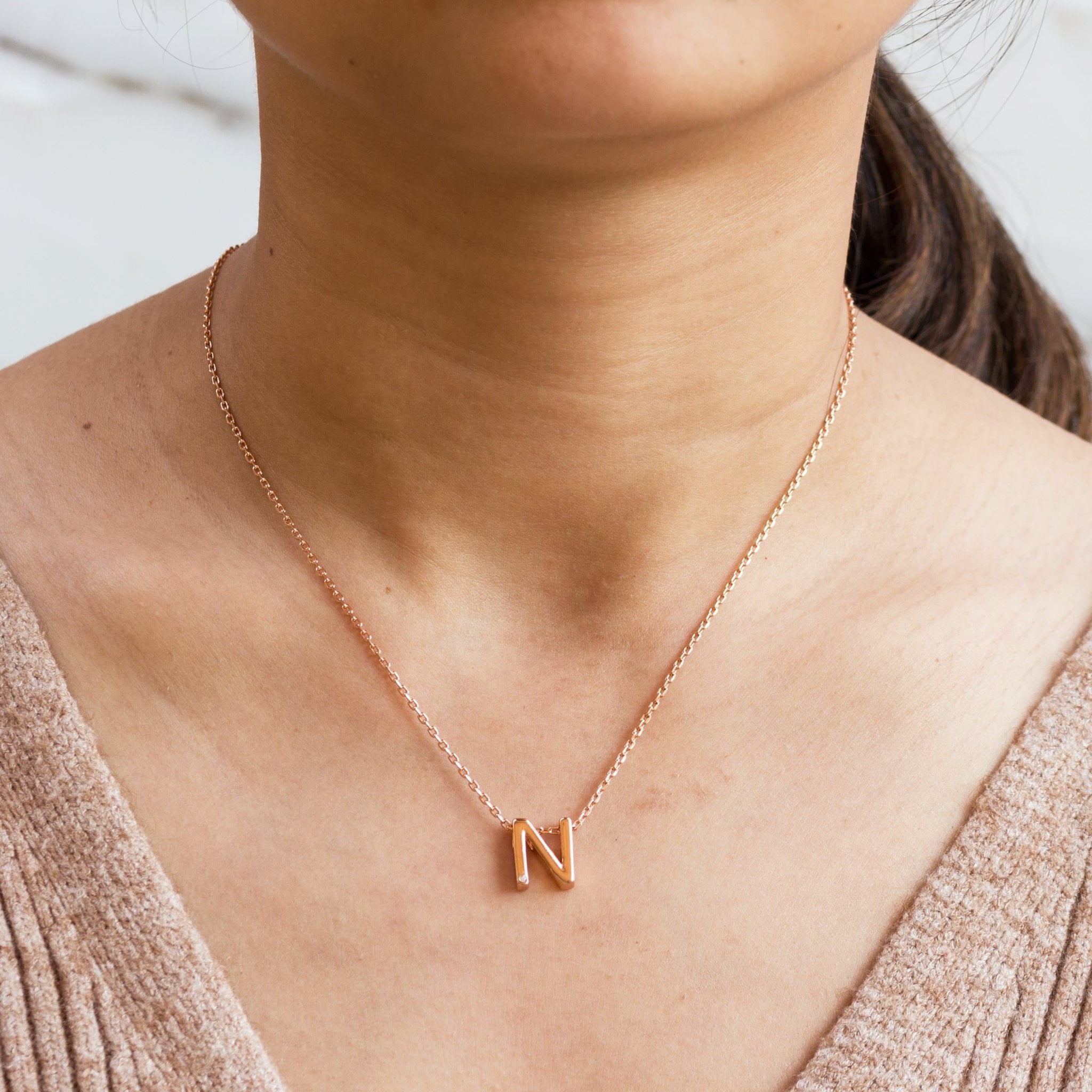 Rose Gold Plated Initial Necklace Letter N Created with Zircondia® Crystals - Philip Jones Jewellery