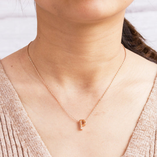 Rose Gold Plated Initial Necklace Letter P Created with Zircondia® Crystals - Philip Jones Jewellery
