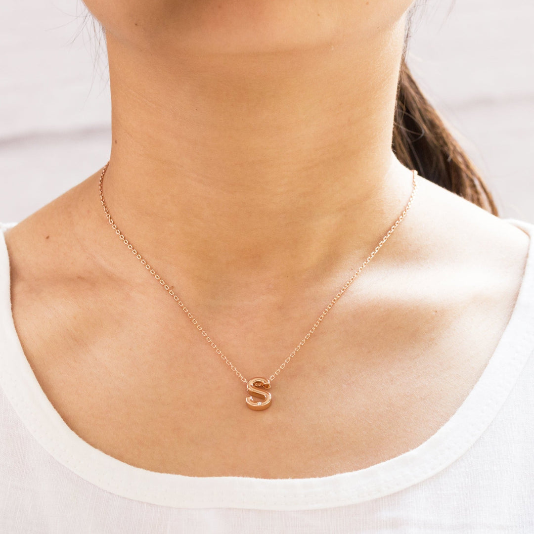 Rose Gold Plated Initial Necklace Letter S Created with Zircondia