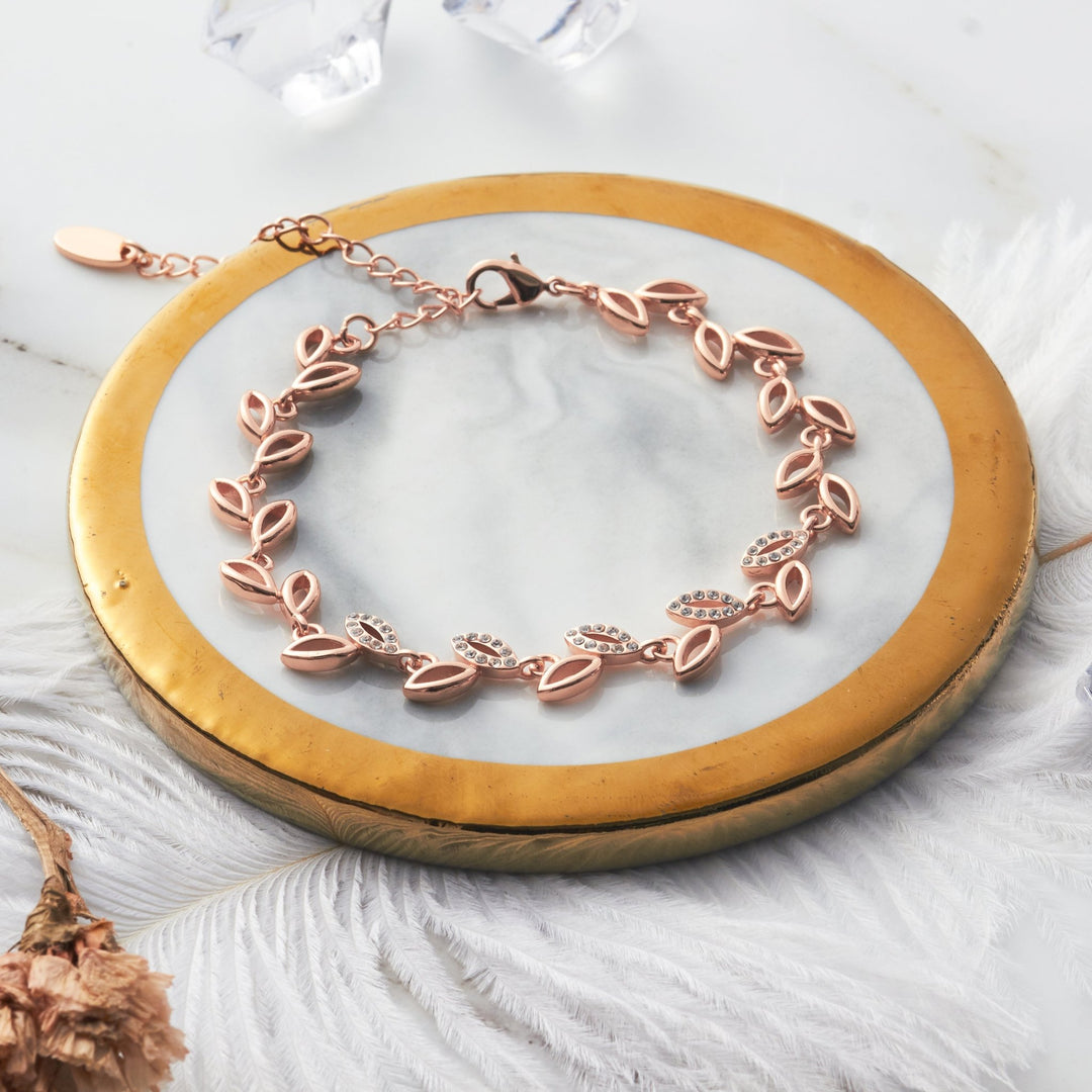 Rose Gold Plated Leaf Bracelet Created With Crystals From Zircondia® - Philip Jones Jewellery