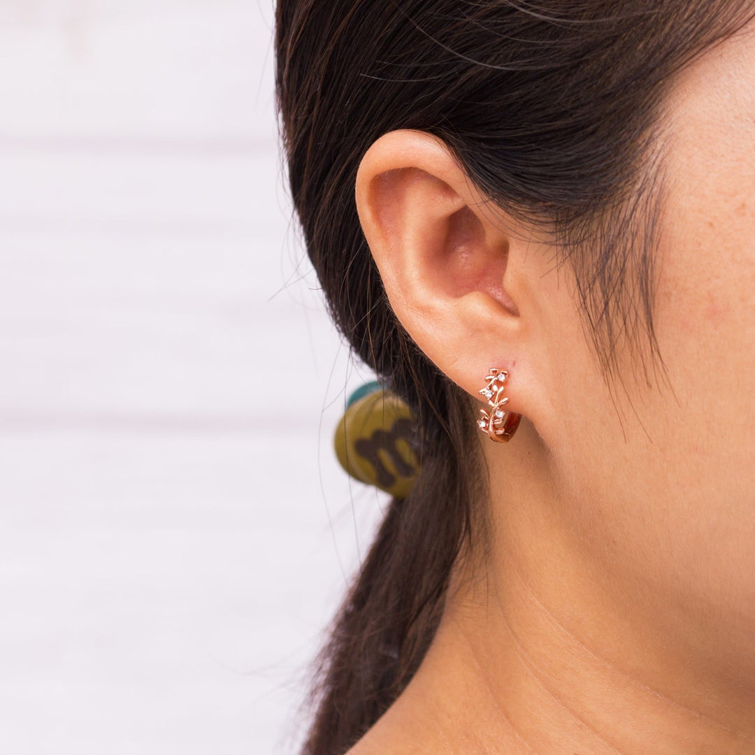 Rose Gold Plated Leaf Hoop Earrings Created with Zircondia® Crystals - Philip Jones Jewellery