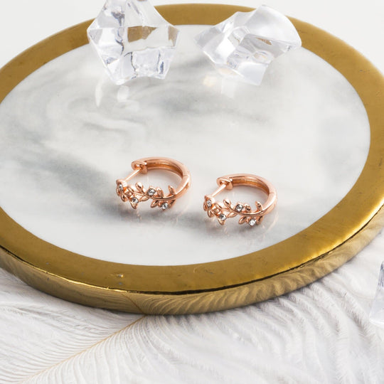 Rose Gold Plated Leaf Hoop Earrings Created with Zircondia® Crystals - Philip Jones Jewellery
