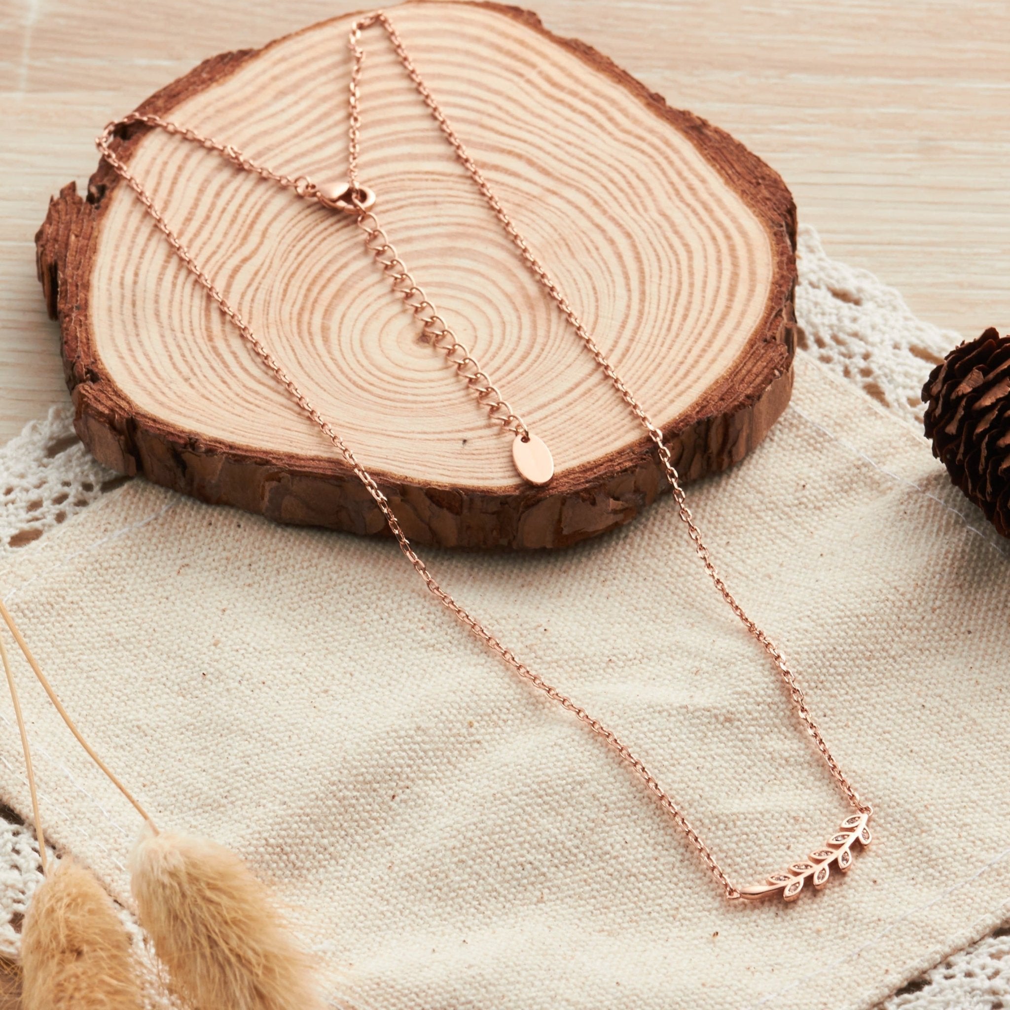 Rose Gold Plated Leaf Necklace Created with Zircondia® Crystals - Philip Jones Jewellery