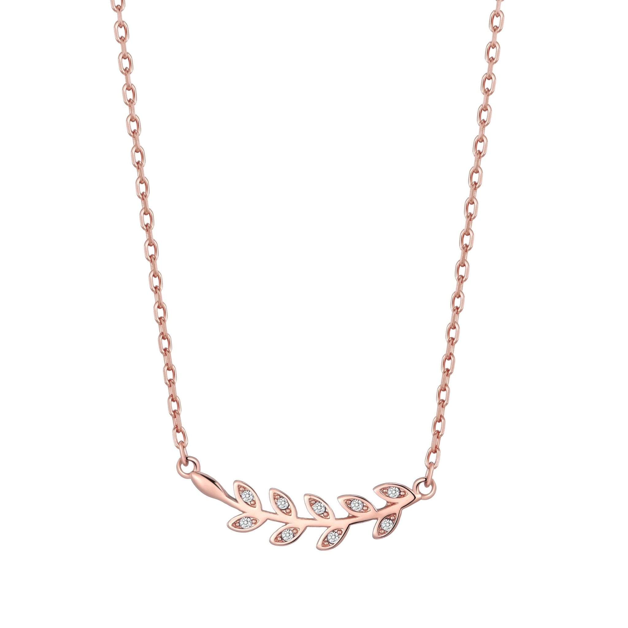 Rose Gold Plated Leaf Necklace Created with Zircondia® Crystals - Philip Jones Jewellery