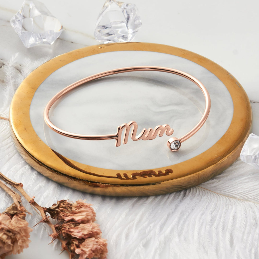 Rose Gold Plated Mum Cuff Bangle Created with Zircondia® Crystals - Philip Jones Jewellery