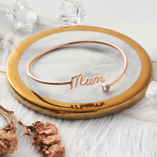 Rose Gold Plated Mum Cuff Bangle Created with Zircondia® Crystals - Philip Jones Jewellery