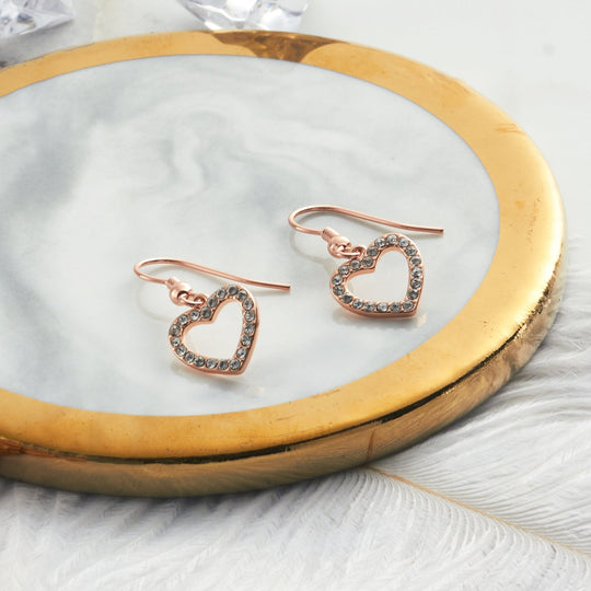 Rose Gold Plated Open Heart Drop Earrings Created with Zircondia® Crystals - Philip Jones Jewellery