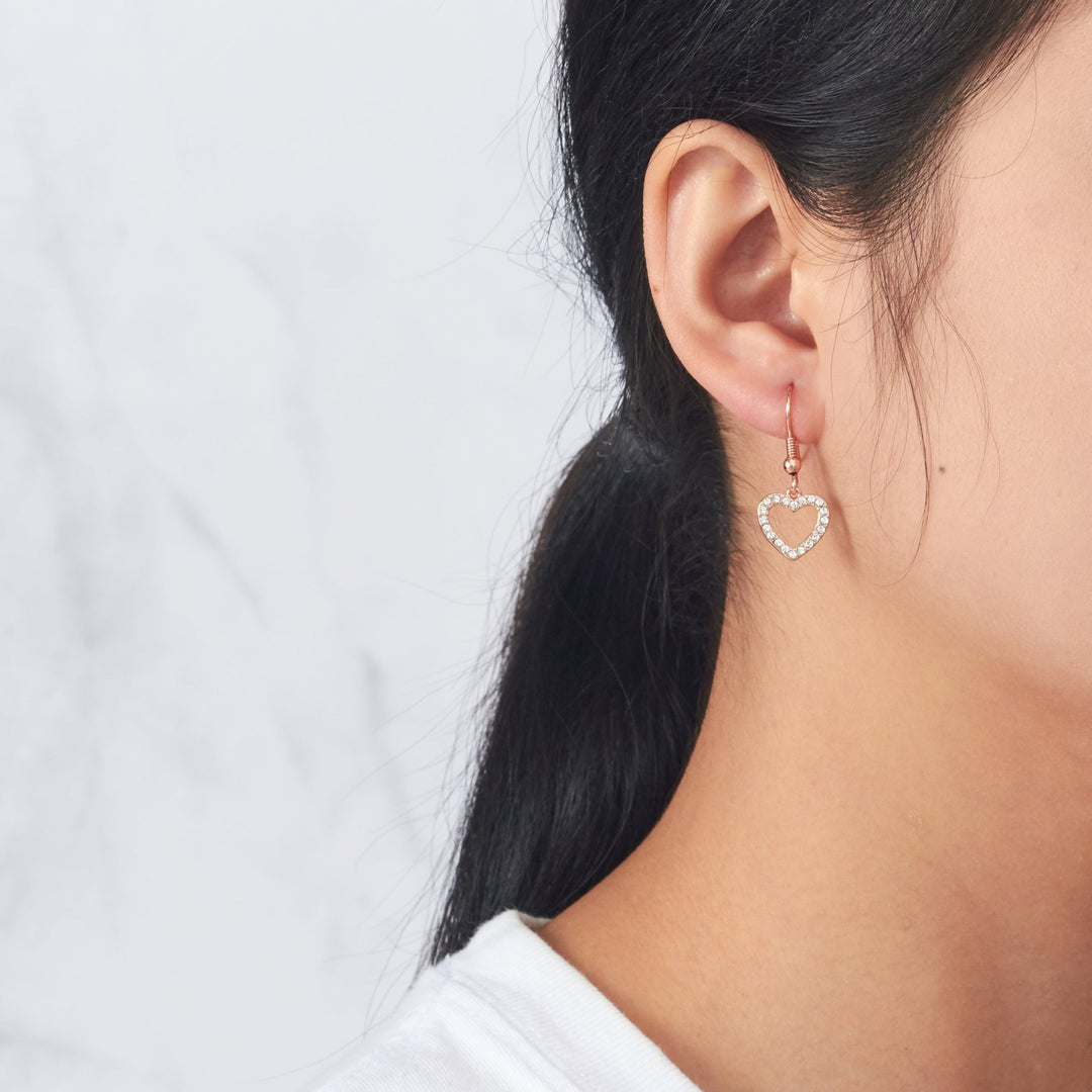 Rose Gold Plated Open Heart Drop Earrings Created with Zircondia® Crystals - Philip Jones Jewellery