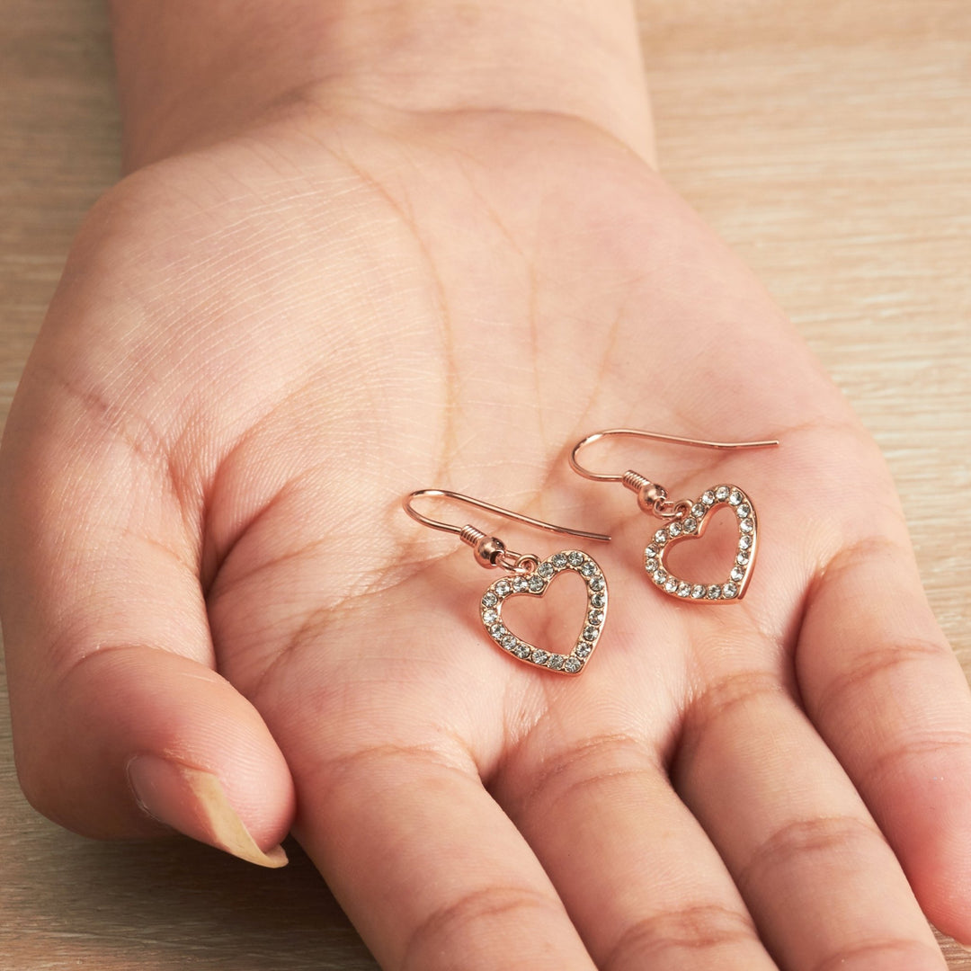 Rose Gold Plated Open Heart Drop Earrings Created with Zircondia® Crystals - Philip Jones Jewellery