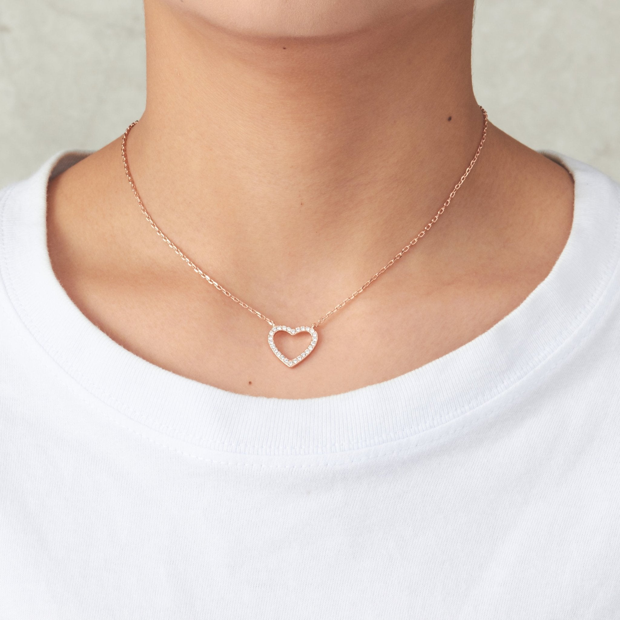 Rose Gold Plated Open Heart Necklace Created with Zircondia® Crystals - Philip Jones Jewellery