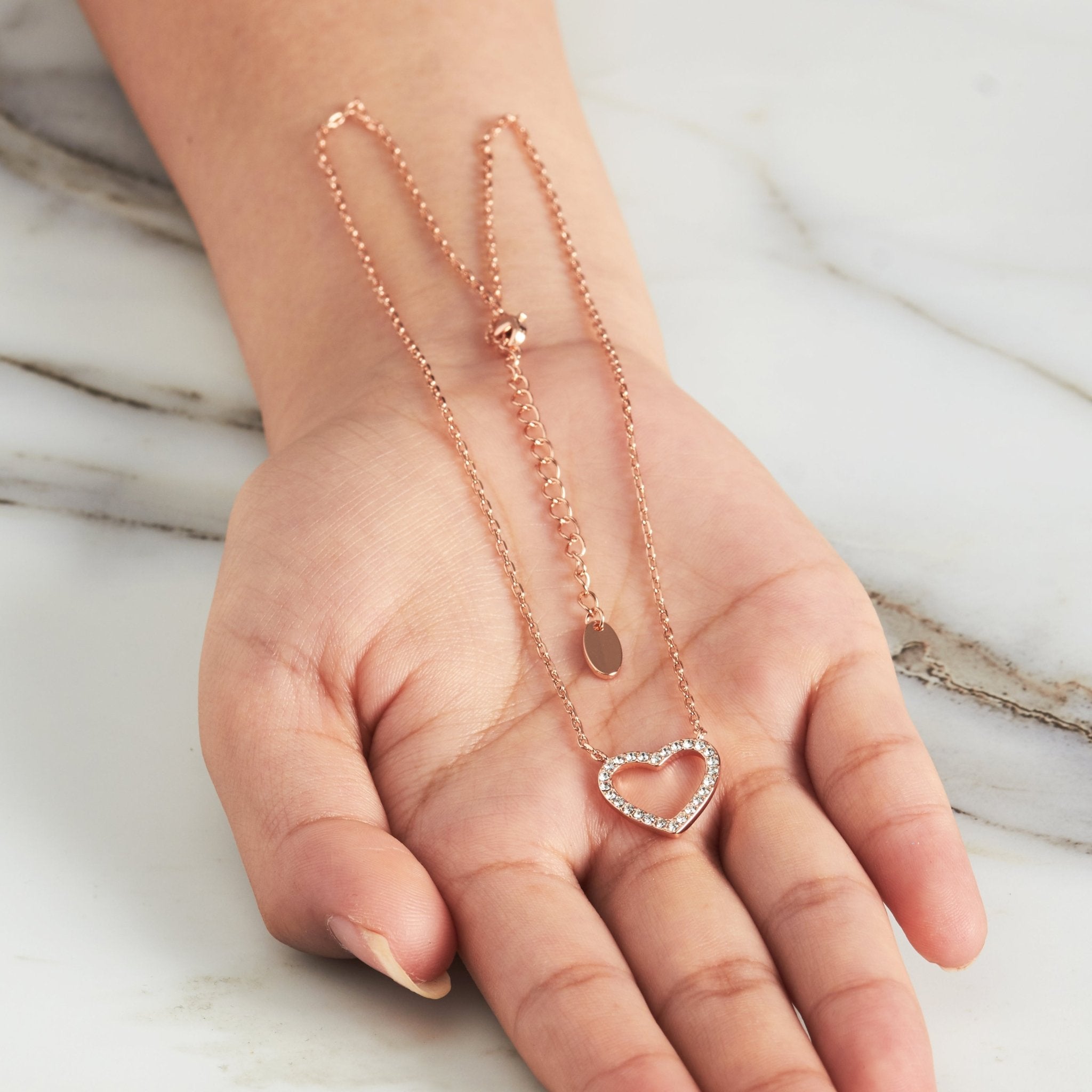 Rose Gold Plated Open Heart Necklace Created with Zircondia® Crystals - Philip Jones Jewellery