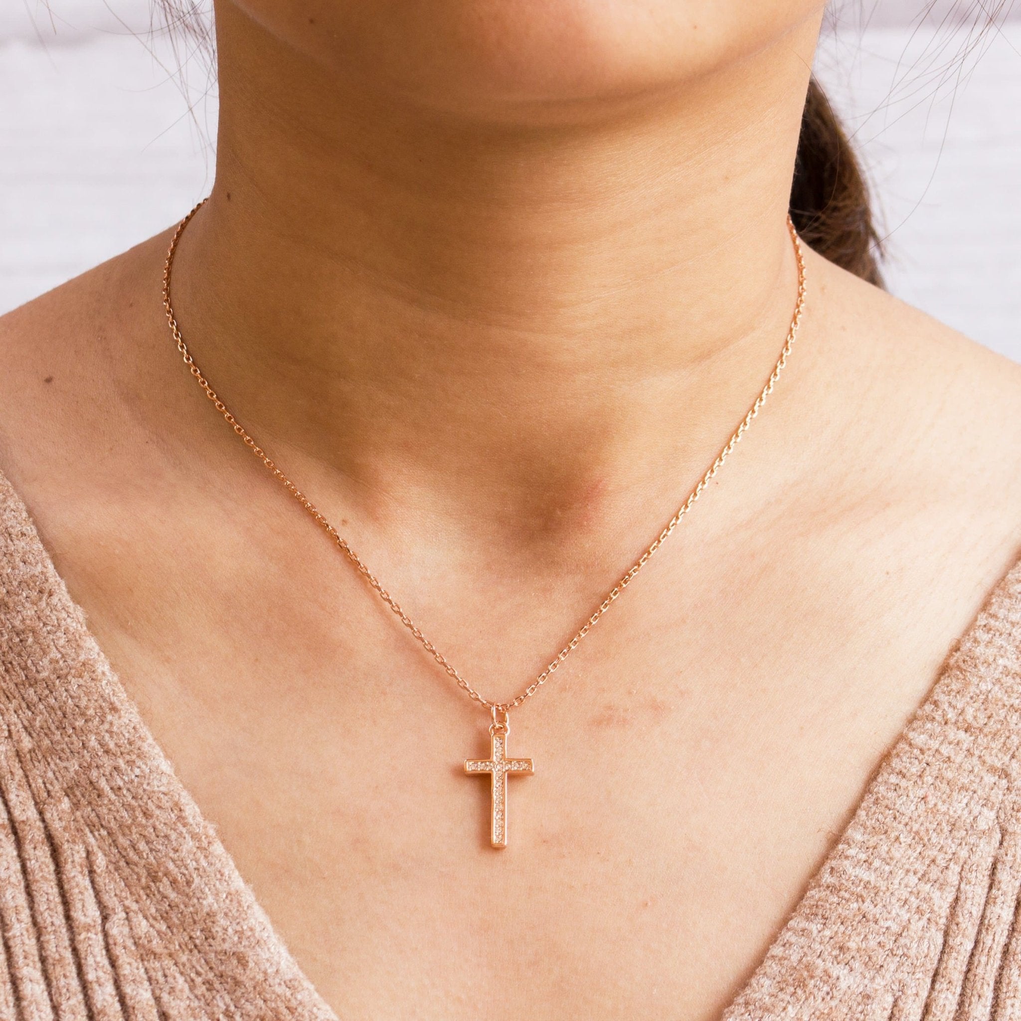 Rose Gold Plated Pave Crystal Cross Necklace Created with Zircondia® Crystals - Philip Jones Jewellery