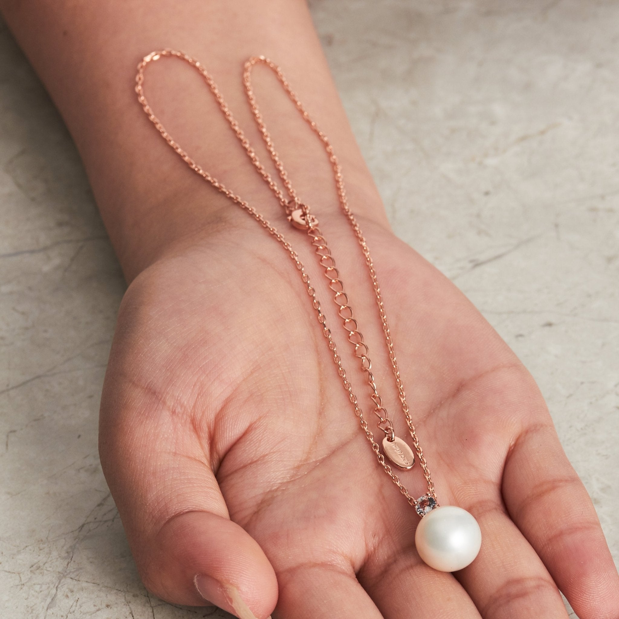 Rose Gold Plated Round Shell Pearl Necklace Created with Zircondia® Crystals - Philip Jones Jewellery