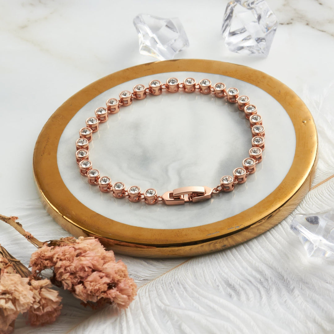 Rose Gold Plated Solitaire Bracelet Created with Zircondia® Crystals - Philip Jones Jewellery