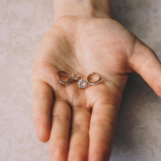 Rose Gold Plated Solitaire Drop Hoop Earrings Created with Zircondia® Crystals - Philip Jones Jewellery