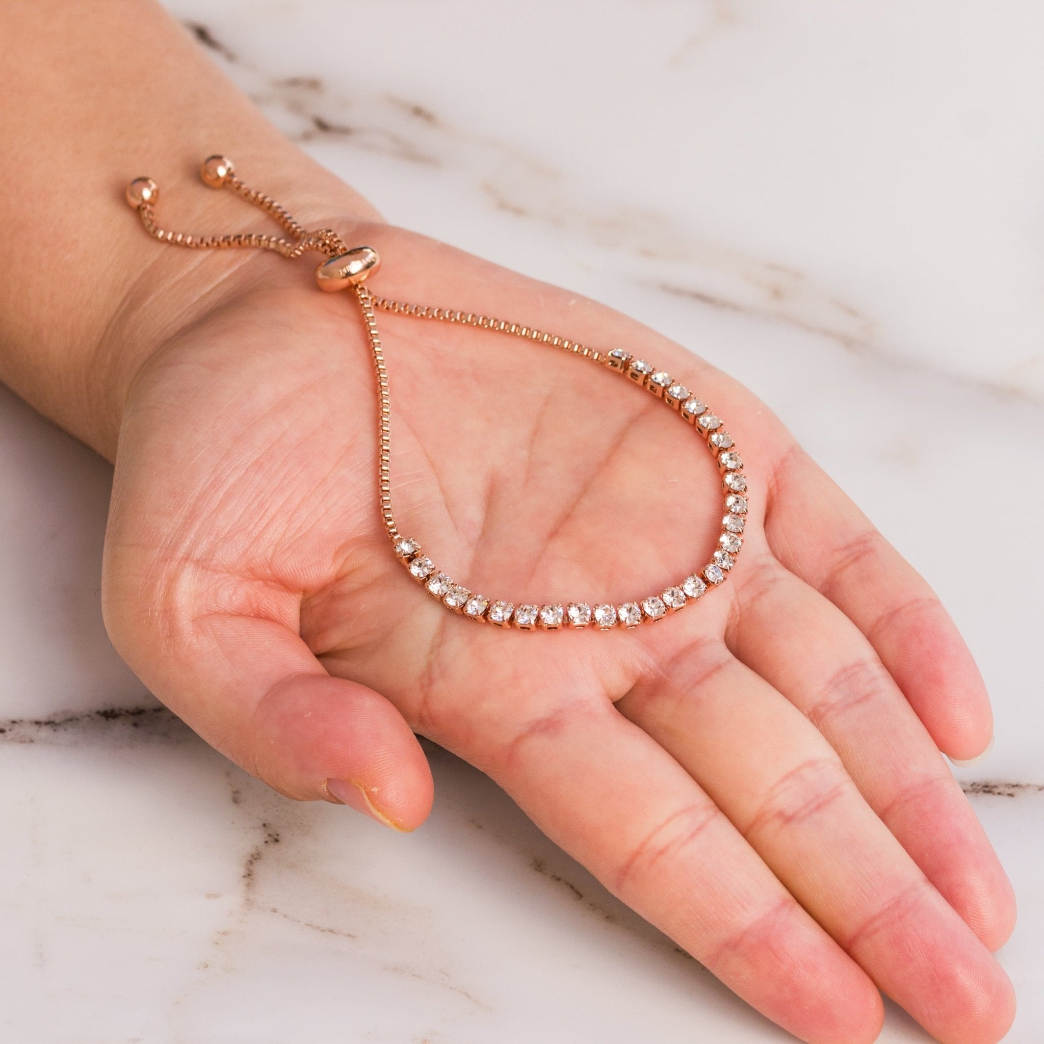 Rose Gold Plated Solitaire Friendship Bracelet Created with Zircondia® Crystals - Philip Jones Jewellery