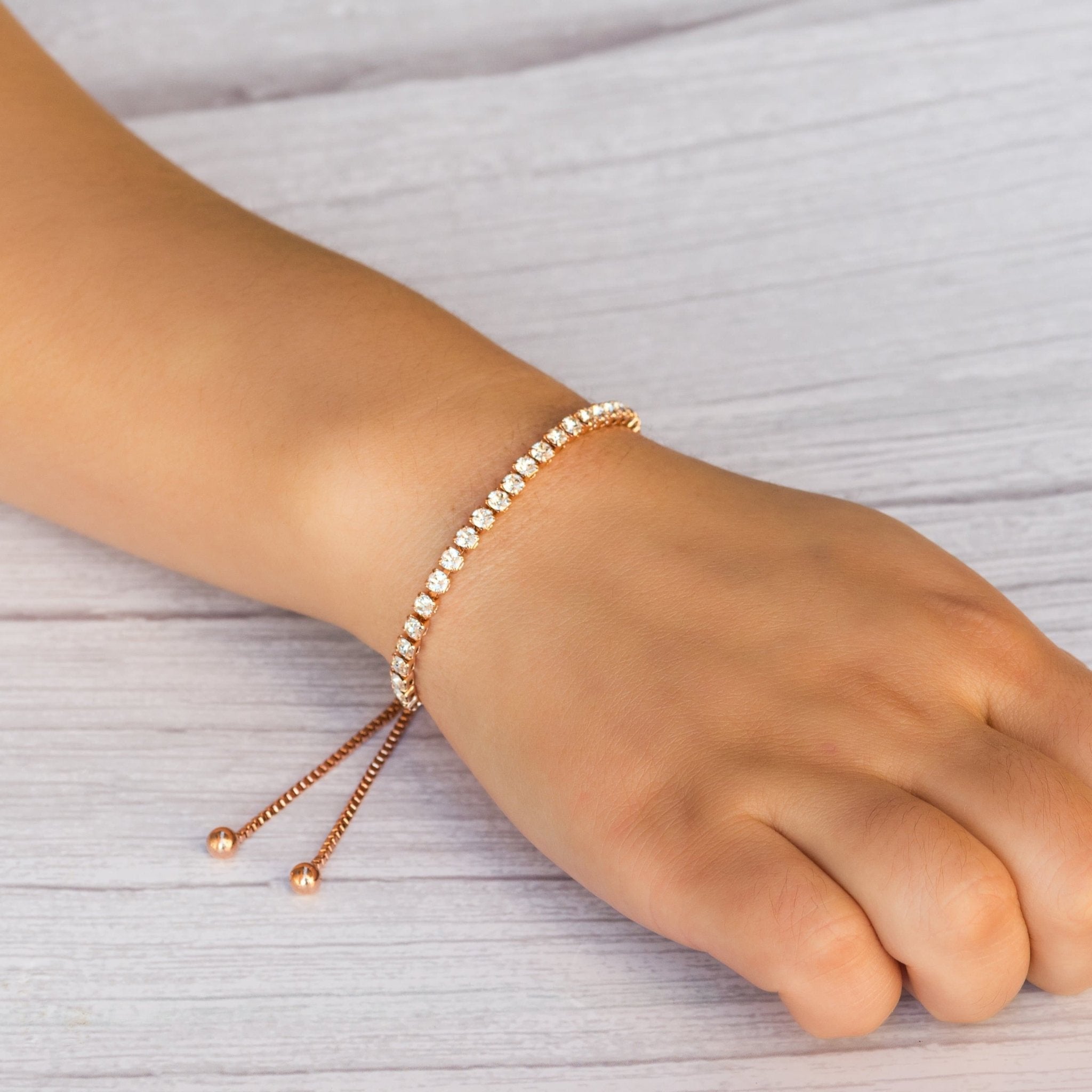 Rose Gold Plated Solitaire Friendship Bracelet Created with Zircondia® Crystals - Philip Jones Jewellery