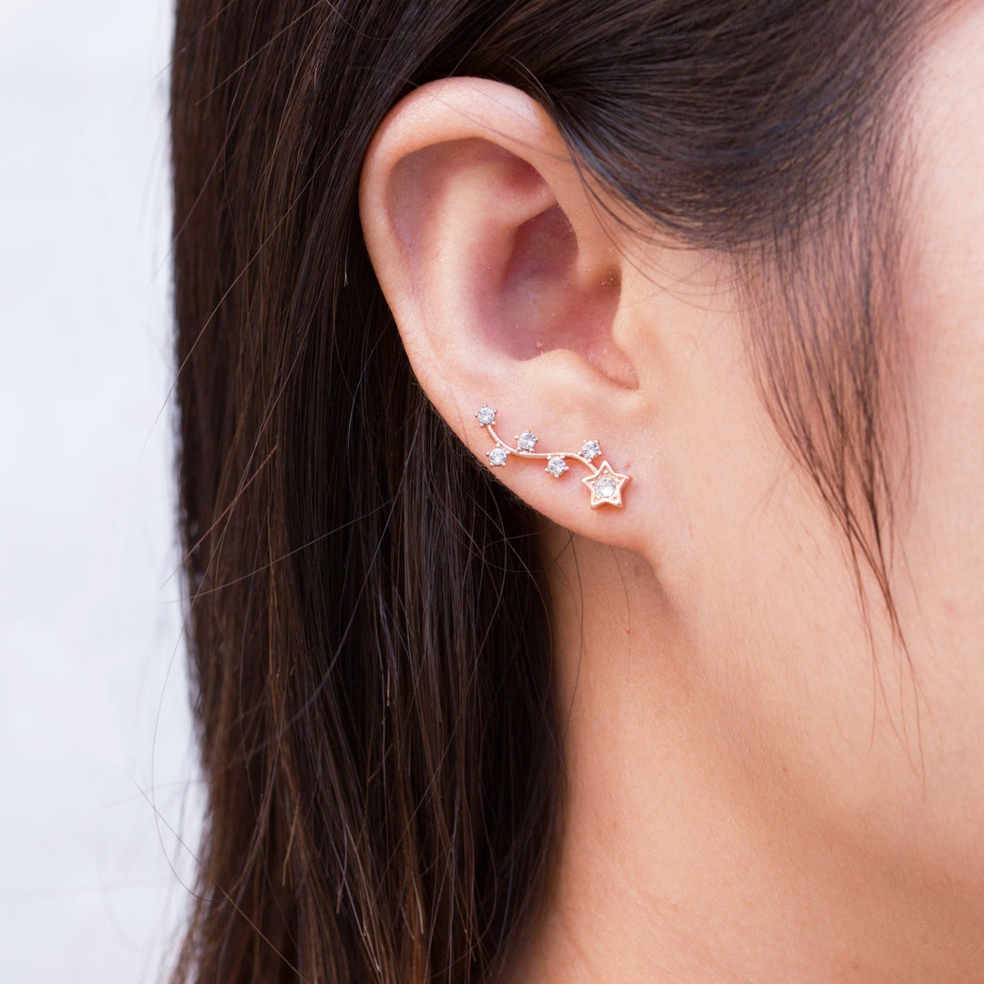 Rose Gold Plated Star Climber Earrings Created with Zircondia® Crystals - Philip Jones Jewellery