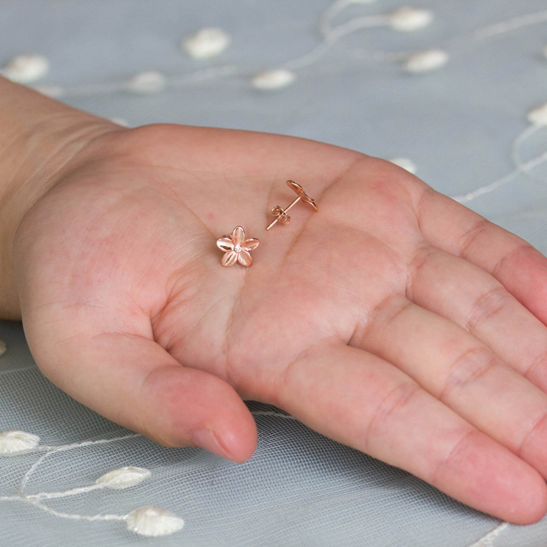 Rose Gold Plated Sterling Silver Flower Earrings Created with Zircondia® Crystals - Philip Jones Jewellery