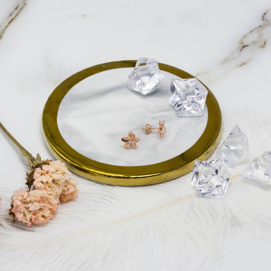 Rose Gold Plated Sterling Silver Flower Earrings Created with Zircondia® Crystals - Philip Jones Jewellery