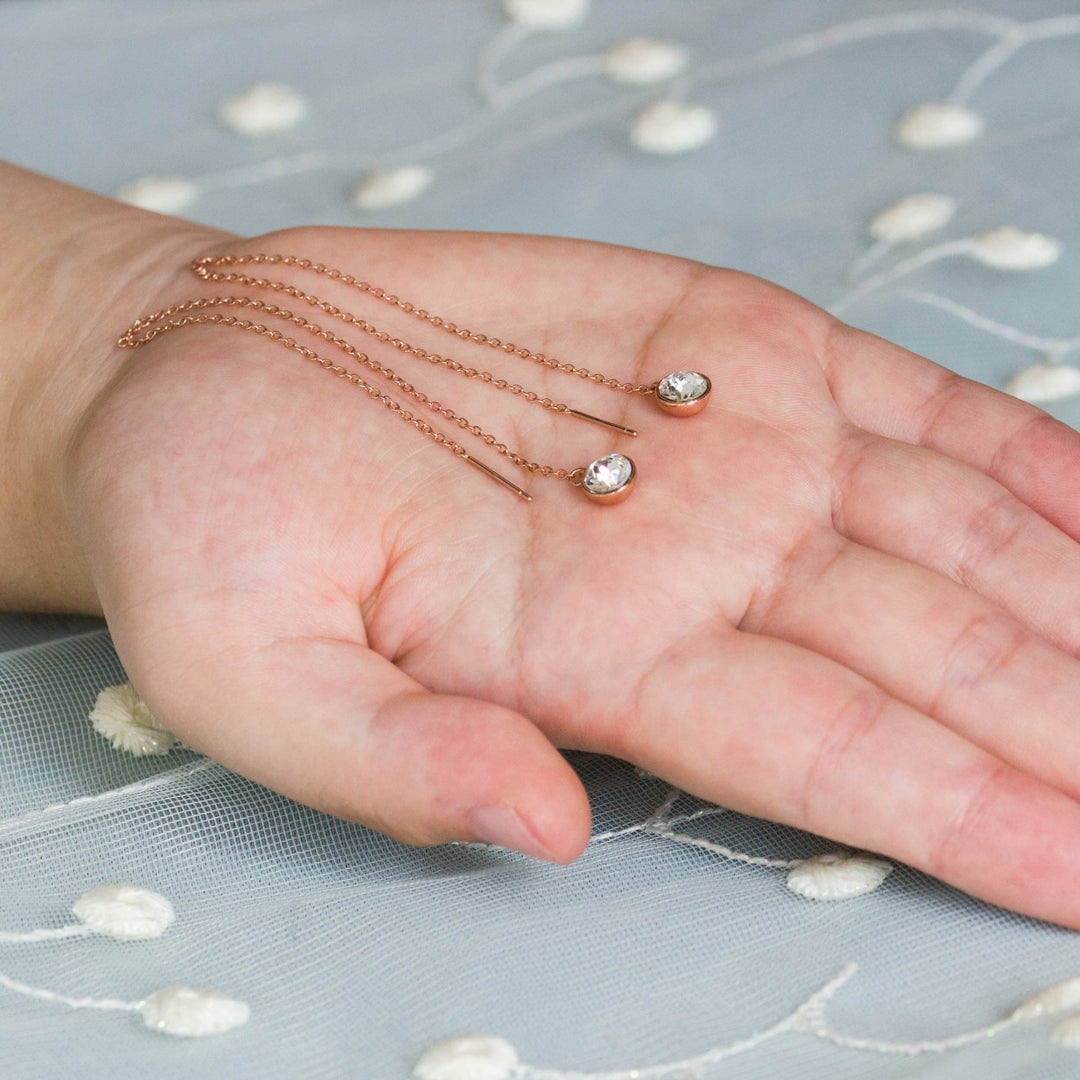 Rose Gold Plated Sterling Silver Thread Earrings Created with Zircondia® Crystals - Philip Jones Jewellery