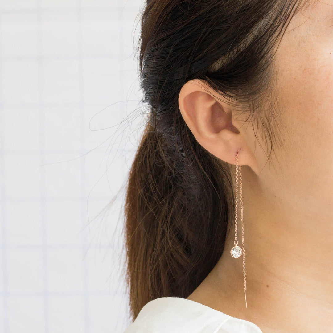Rose Gold Plated Sterling Silver Thread Earrings Created with Zircondia® Crystals - Philip Jones Jewellery