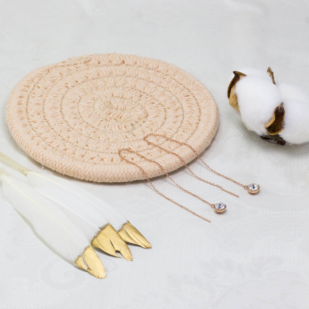 Rose Gold Plated Sterling Silver Thread Earrings Created with Zircondia® Crystals - Philip Jones Jewellery