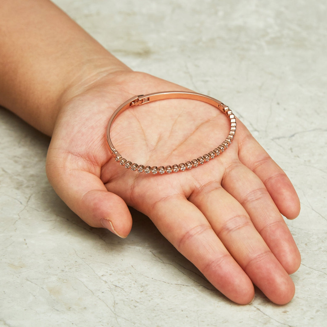 Rose Gold Plated Tennis Bangle Created with Zircondia® Crystals (7 Inch) - Philip Jones Jewellery