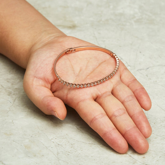 Rose Gold Plated Tennis Bangle Created with Zircondia® Crystals (7 Inch) - Philip Jones Jewellery