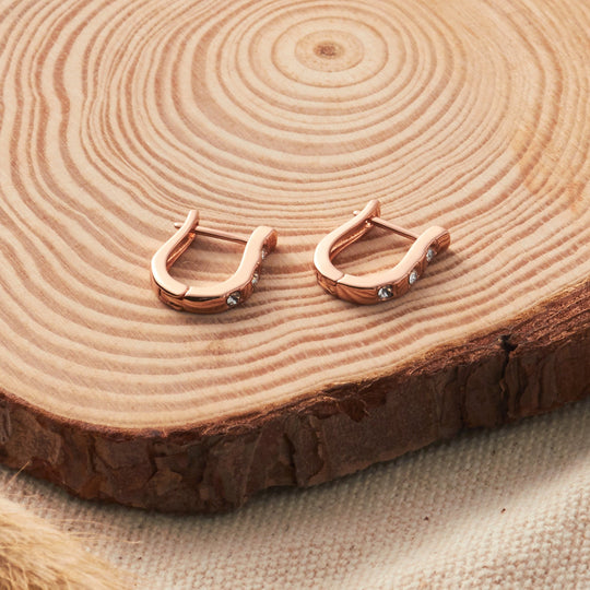Rose Gold Plated Three Stone Hoop Earrings Created with Zircondia® Crystals - Philip Jones Jewellery
