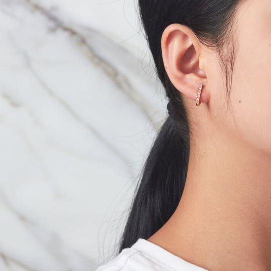 Rose Gold Plated Three Stone Hoop Earrings Created with Zircondia® Crystals - Philip Jones Jewellery