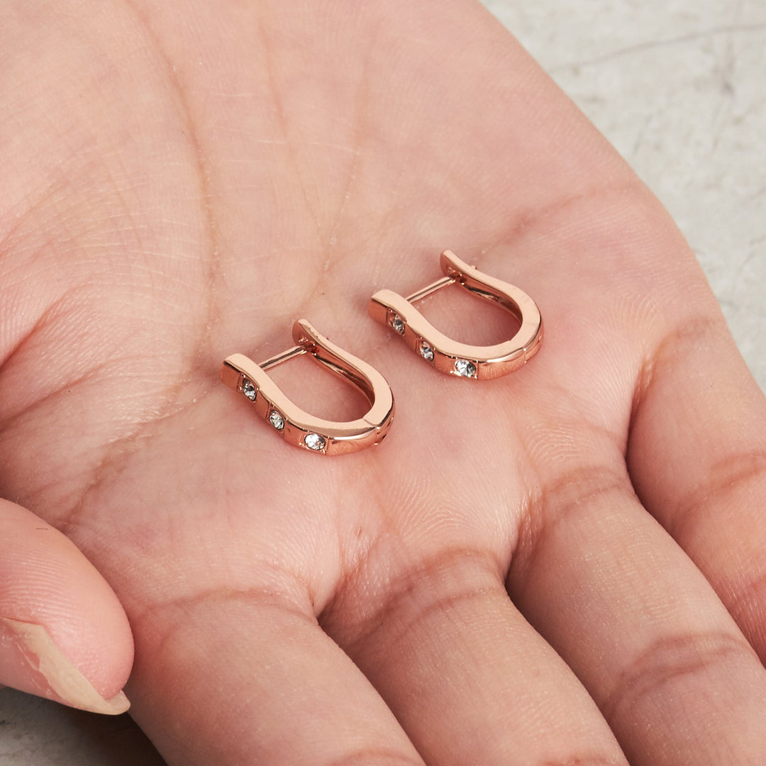 Rose Gold Plated Three Stone Hoop Earrings Created with Zircondia® Crystals - Philip Jones Jewellery