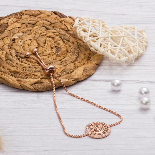 Rose Gold Plated Tree of Life Bracelet Created with Zircondia® Crystals - Philip Jones Jewellery
