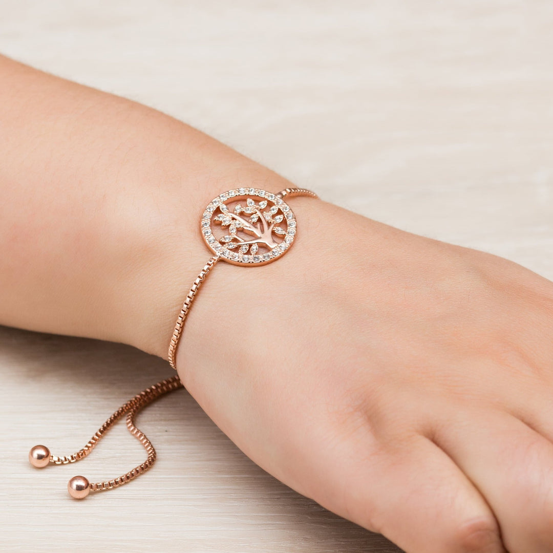 Rose Gold Plated Tree of Life Bracelet Created with Zircondia® Crystals - Philip Jones Jewellery