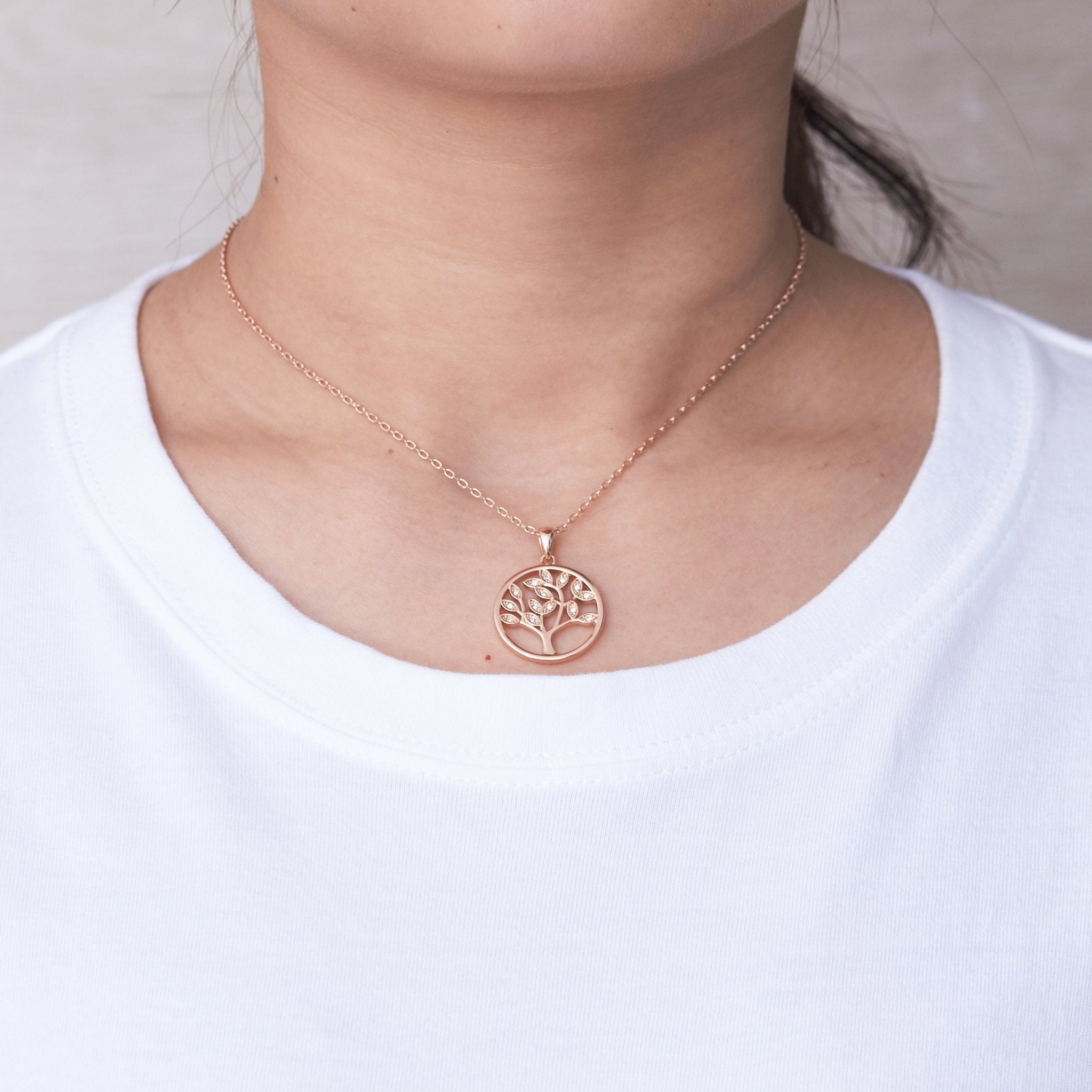 Rose Gold Plated Tree of Life Necklace Created with Zircondia® Crystals - Philip Jones Jewellery