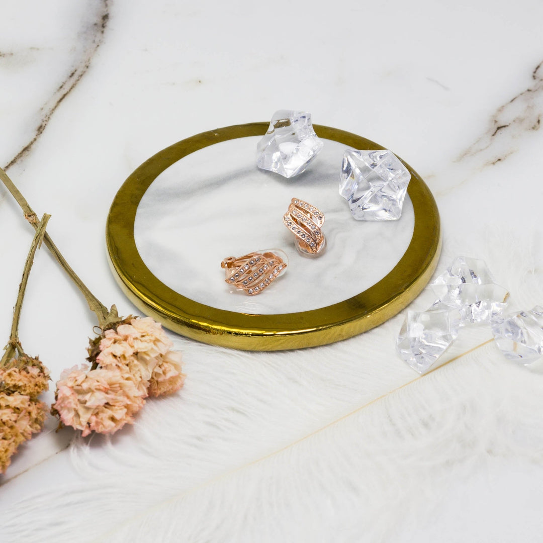 Rose Gold Plated Triple Row Clip On Earrings Created with Zircondia® Crystals - Philip Jones Jewellery