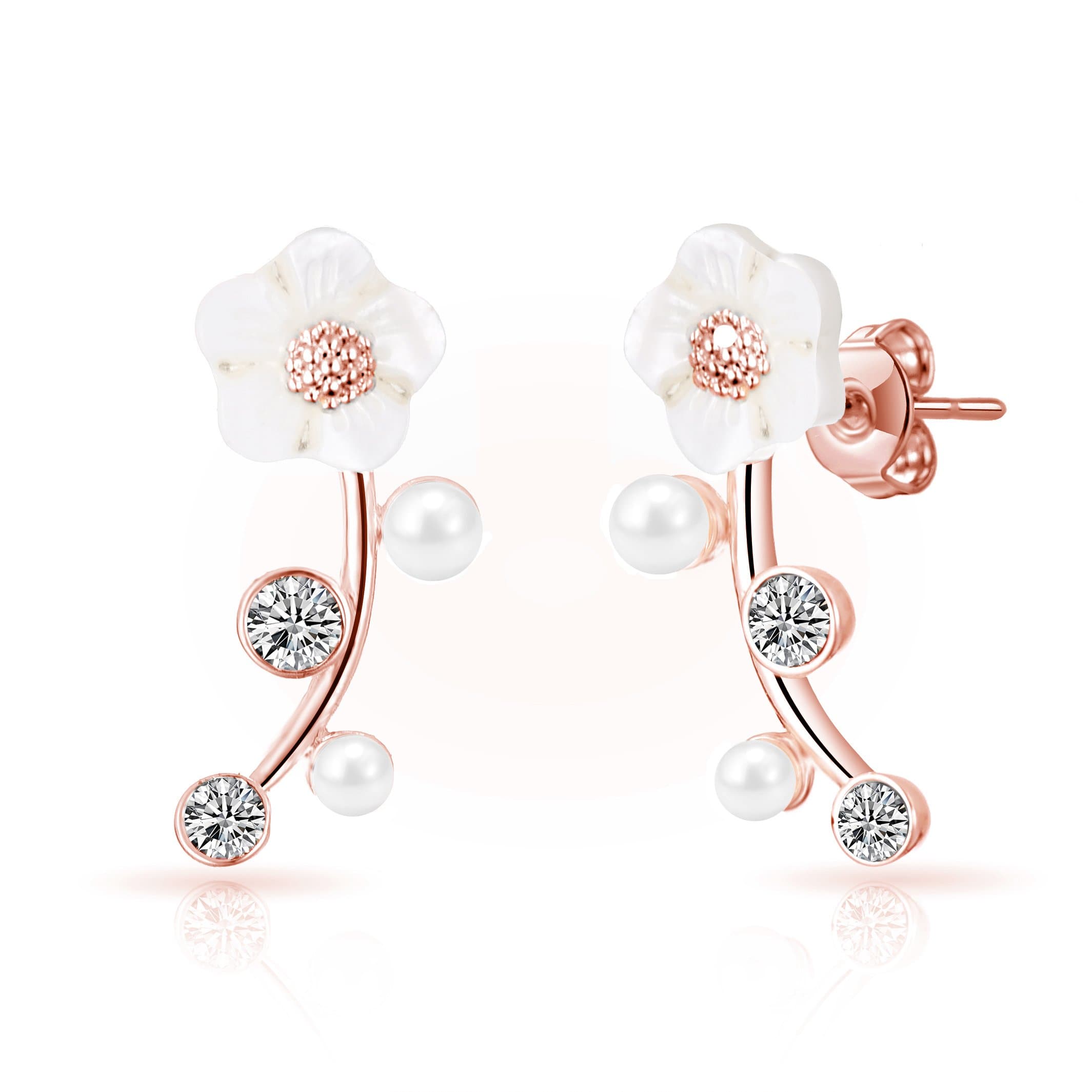 Rose Gold Plated Daisy Climber Earrings Created with Zircondia® Crystals by Philip Jones Jewellery