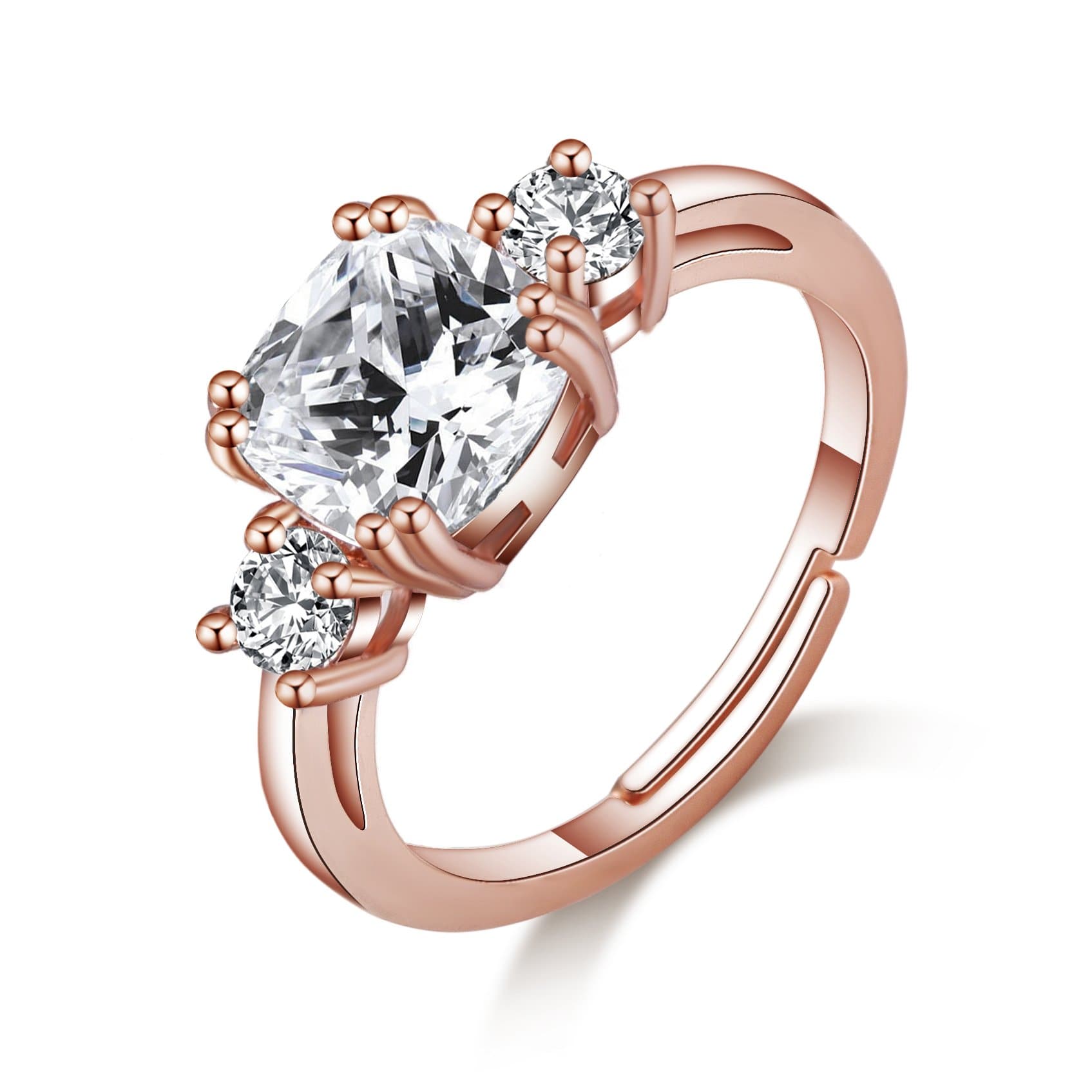 Rose Gold Plated Adjustable Three Stone Ring Created with Zircondia® Crystals by Philip Jones Jewellery